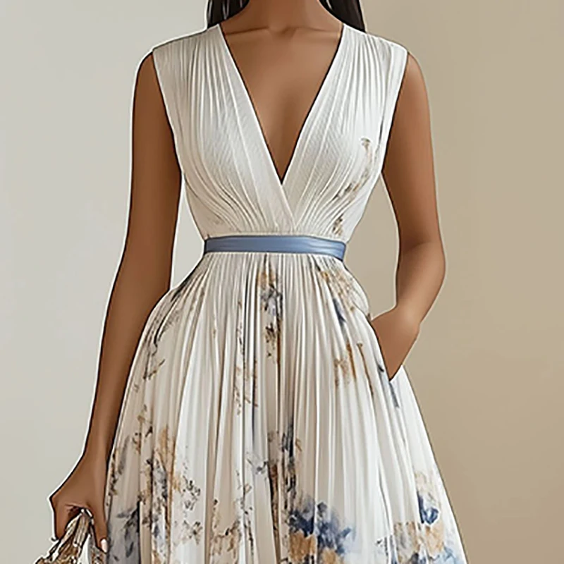 Sexy Deep V Neck High Waist Pleated Dresses Woman Spring Floral Print Hollow A-Line Long Dress Summer Sleeveless Boho Maxi Dress