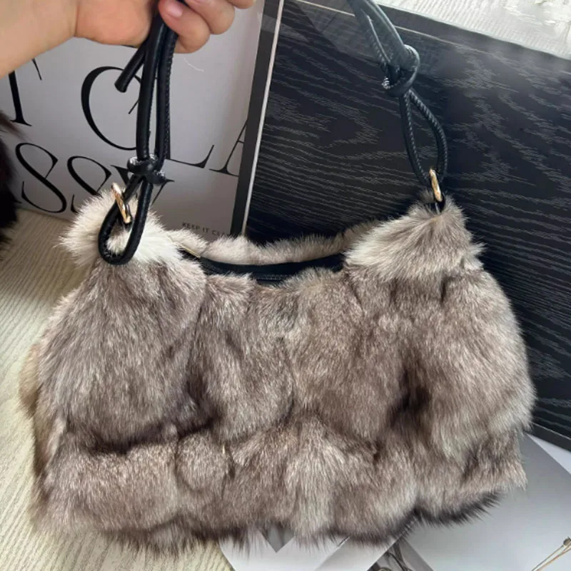 NEW Fox Fur Woman Ladies Crossbody Bags Designer Luxury Handbags Women Handbag Shoulder Bag Fuzzy Fluffy Tote Bag