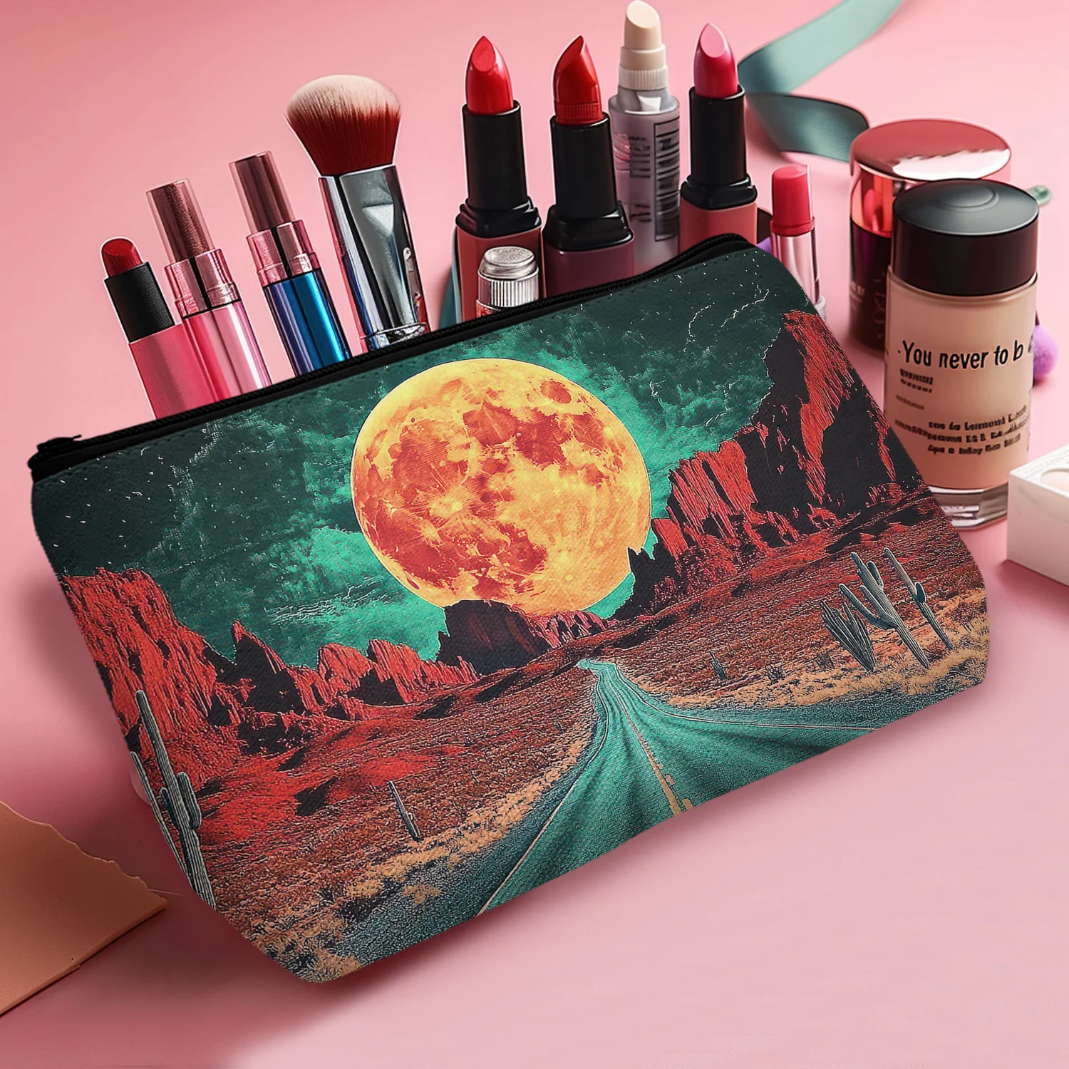 1Pc Highway Scenery Cosmetic Bag Red Moon Strange Landscape Wilderness Reusable Cosmetic Bag With Zipper 8.66X5.51Inch