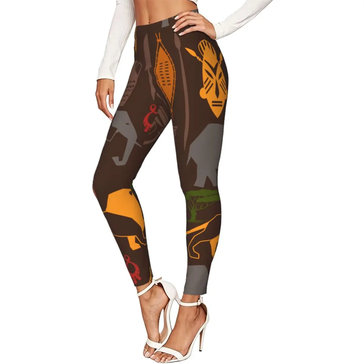 Women High Waist Elastic Leggings African Ethnic Pattern With Stylized Icons Slim Fit Stretchy Pants Casual Wear