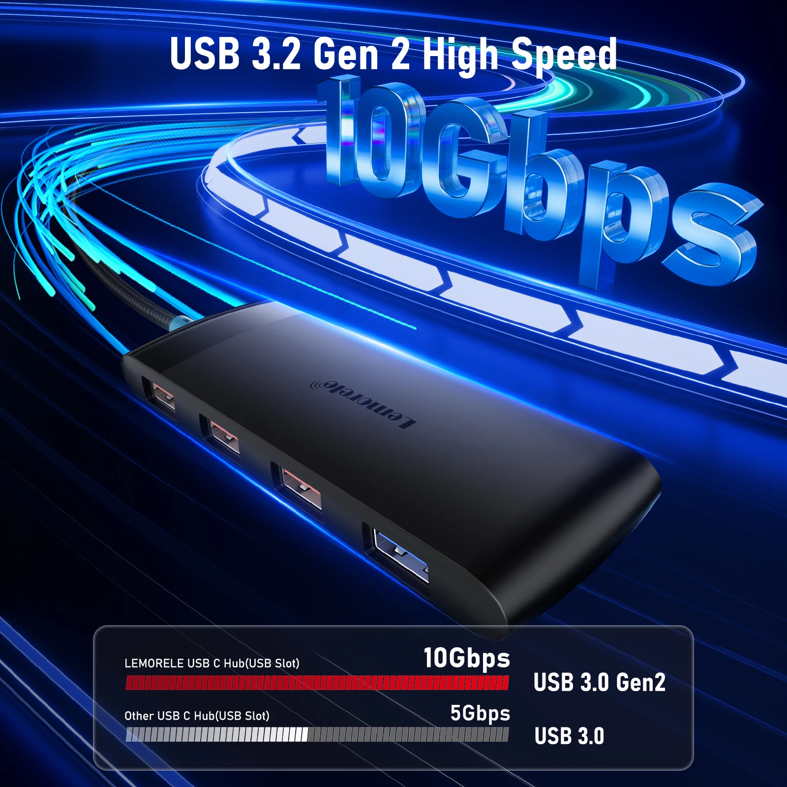 Lemorele TC110 8-portowy koncentrator USB typu C 10 Gb/s USB typu C na USB 3.2 Gen Data 3-portowy koncentrator do komputerów Akcesoria biurowe — zdjęcie produktu 3
