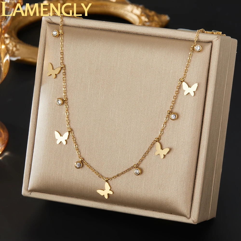 LAMENGLY 316L Stainless Steel Multiple White Crystals Butterfly Series Pendant Necklace Women's Simple Elegant Clavicle Chain