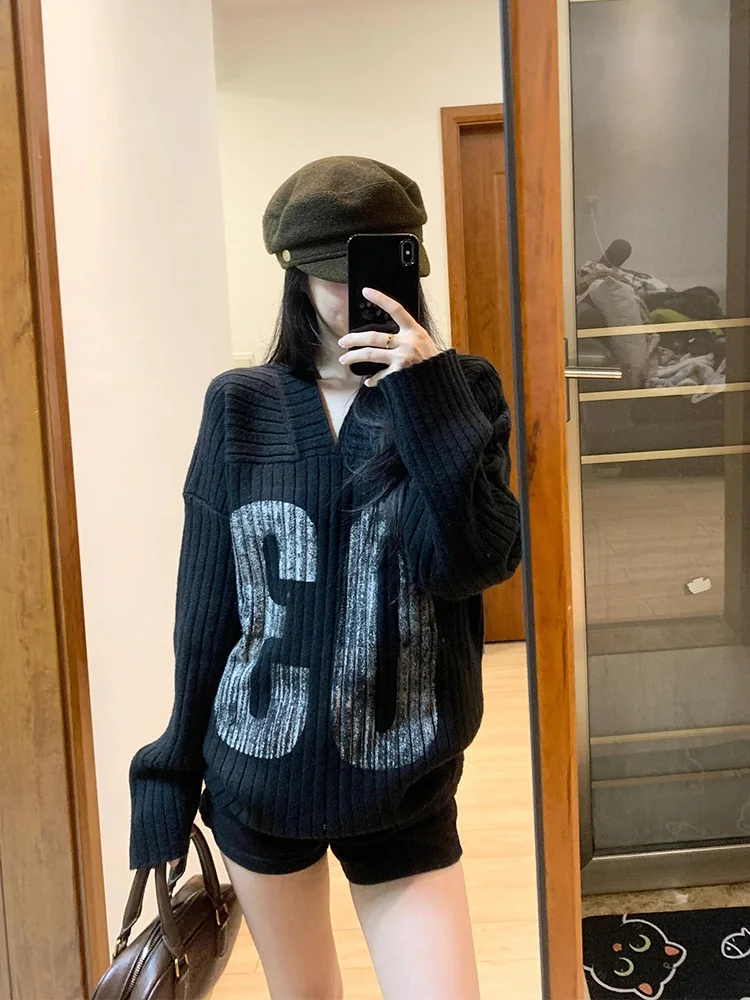 فضفاض محبوك سترة V-Ne المرأة الخريف الشتاء ملابس خارجية مريحة عادية Sle طويلة Sve تي شيرت Bla Lazy Faion #5