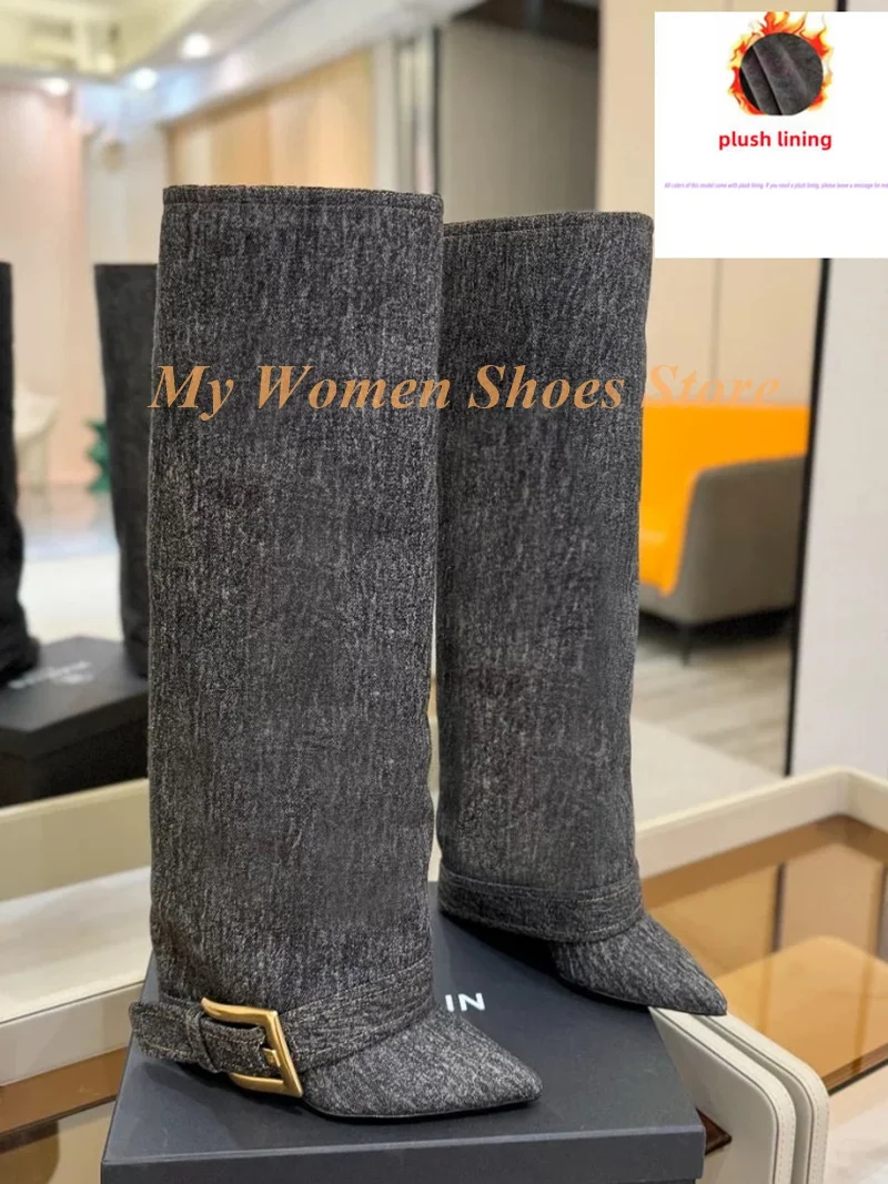Metal Buckle Turn Over Boots Knee High Sexy Pointy Toe Stiletto Thin High Heel Runway 2026 Winter Autumn Women Dress Shoes