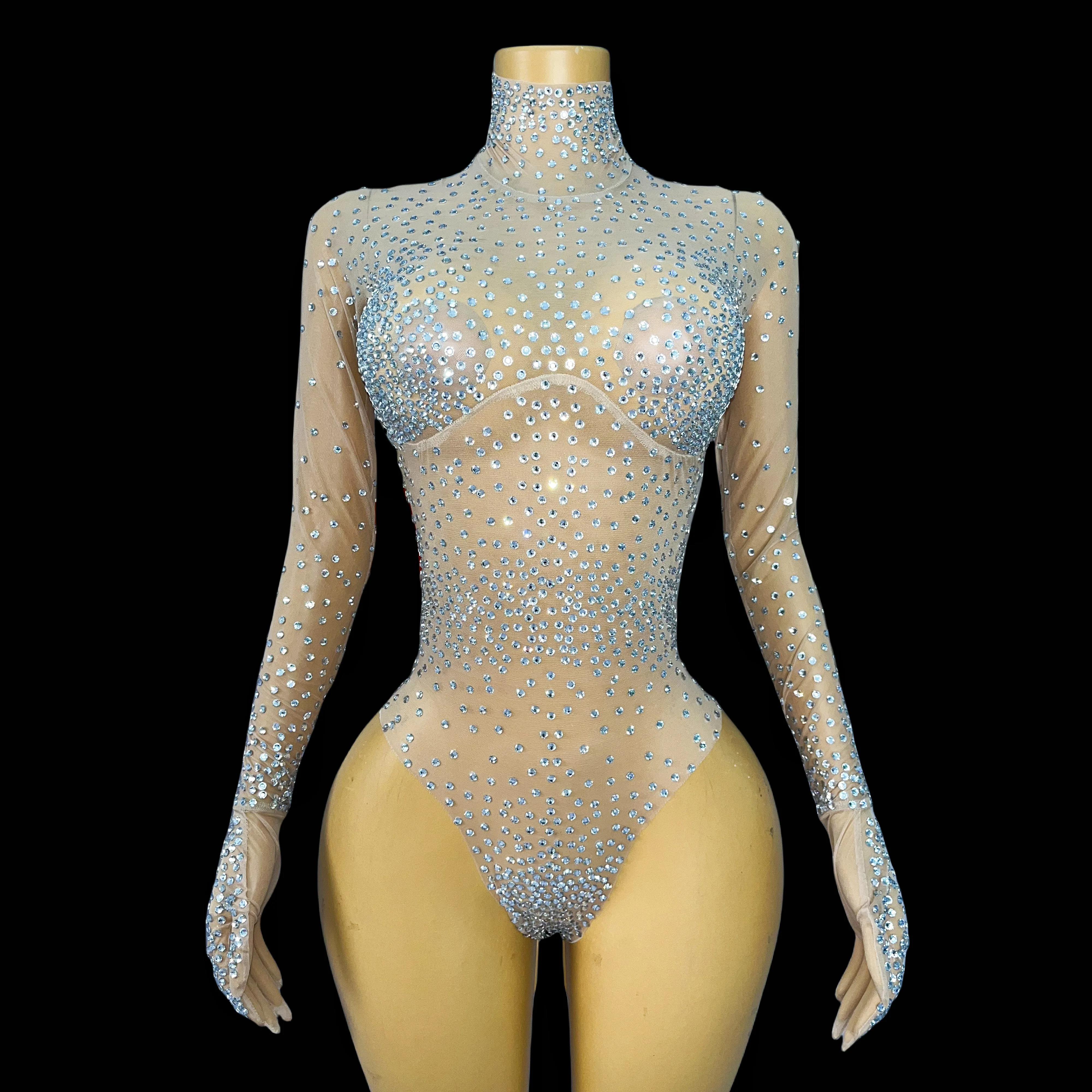 Sexy sheer mesh shiny rhinestone turtleneck gloves triangle onesies bar party singer dancer stage costumes xinghaichenai