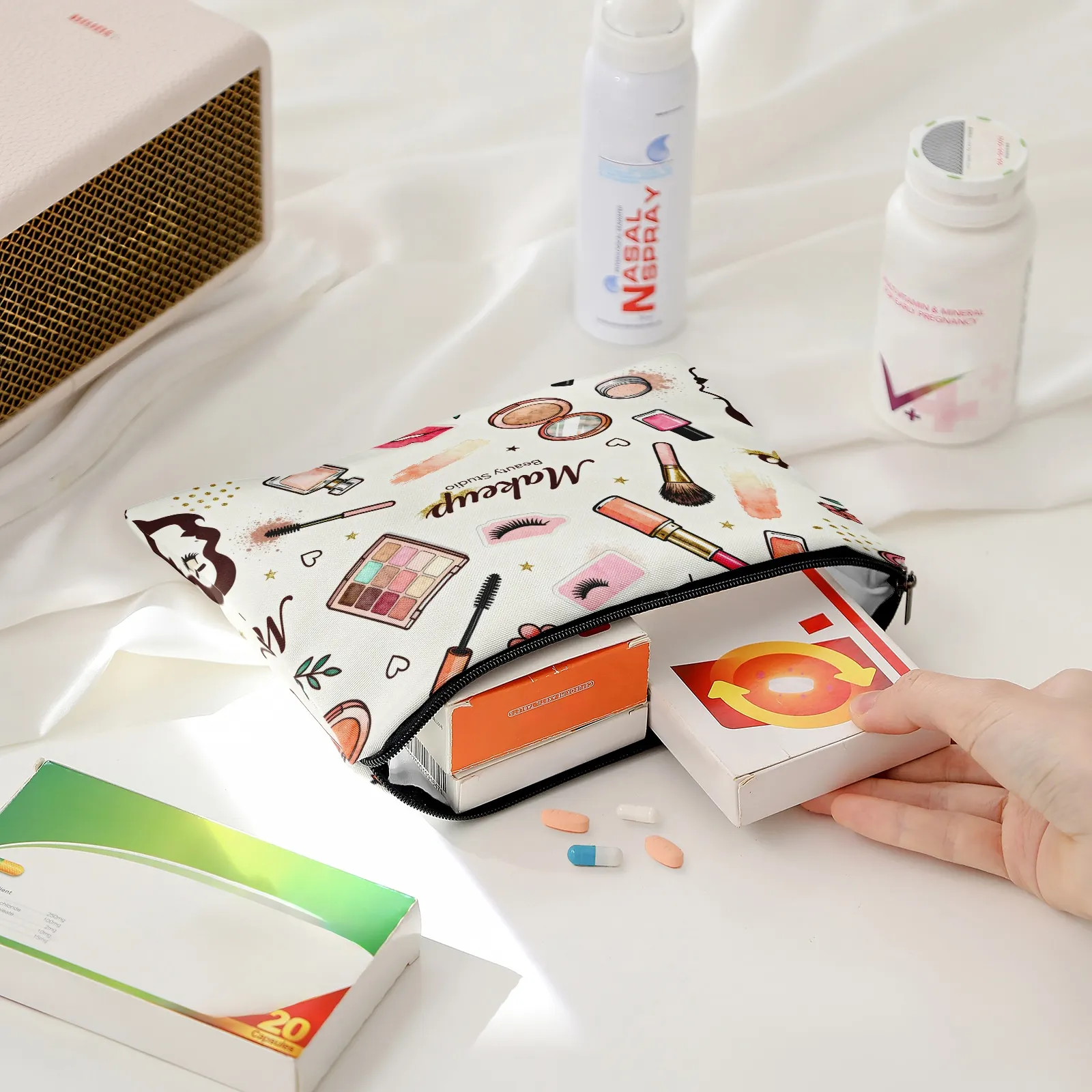 Makeup Beauty Studio Includes a Lined Storage Bag a Watercolor Makeup Tool Illustrated for Cosmetic Bag a Travel Toiletry Bag