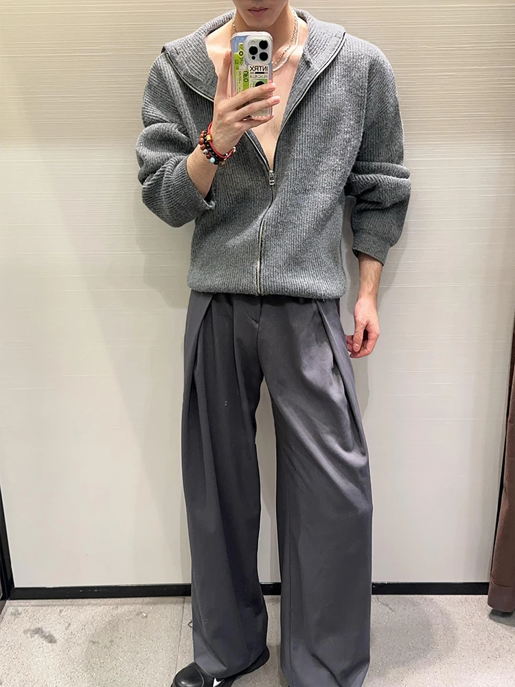 

ay Zipper Hoodie Men's Autumn Winter American High Street Knitted Cardigan Casual Loose Fit Long Sve Breathable Skin-Fri...