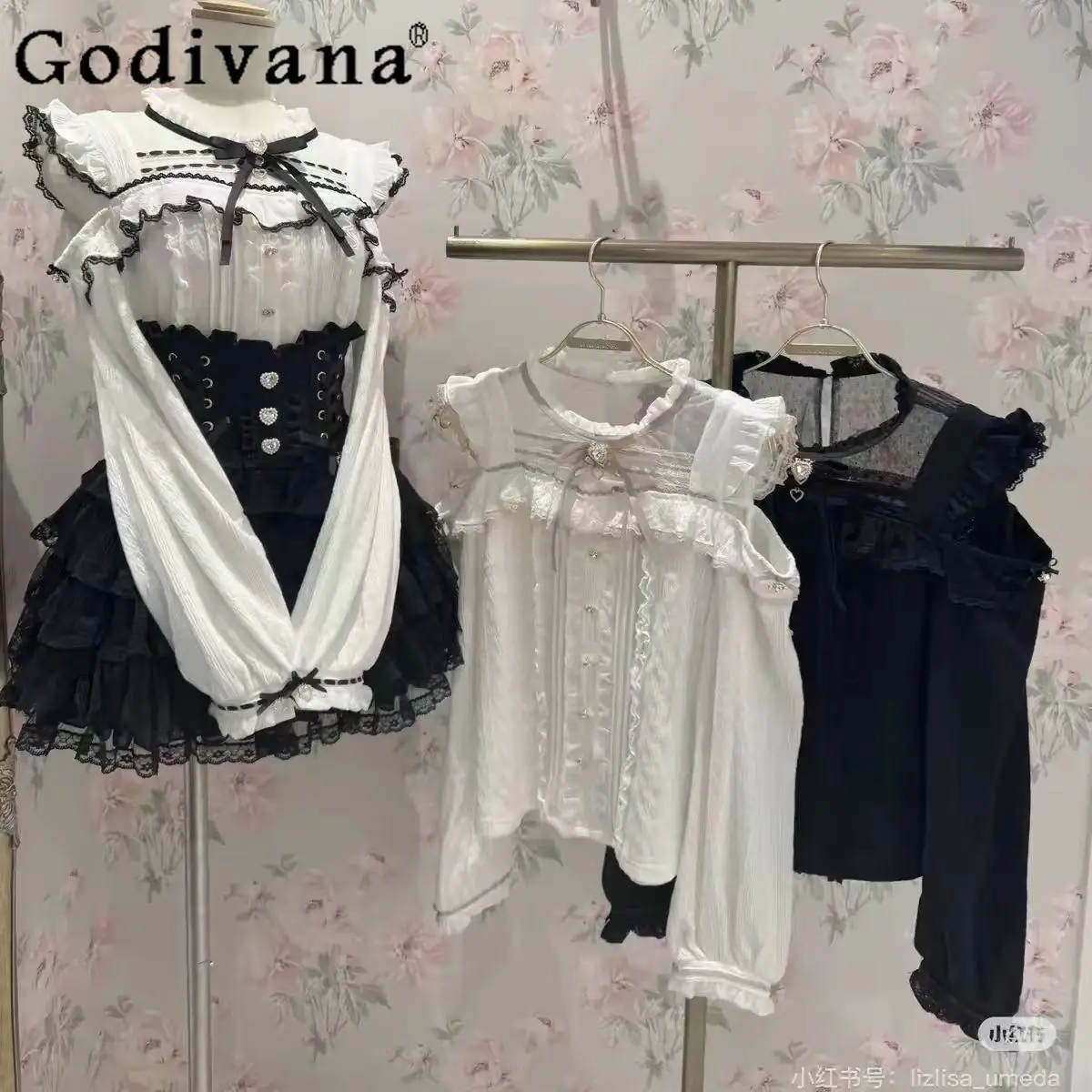 

Японская женская блузка Liz с длинным рукавом, весна-осень, с бантом, кружевом и открытыми плечами, в стиле Лолита, серийное производство