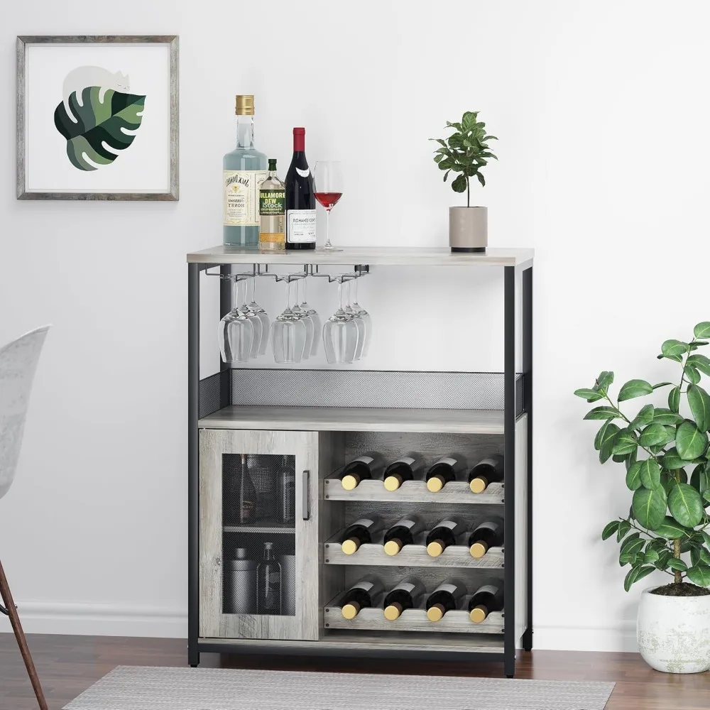 

Wine Bar Cabinet with Detachable Wine Rack, Bar Rack Cabinet with Glass Holder and 1 Drawer, Mesh Door, Small Sideboard and Buf