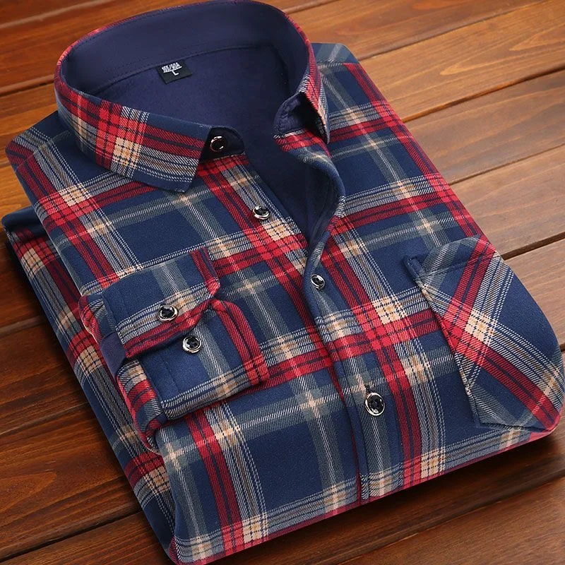 New Autumn and Winter Fashion Trend Fleece-Lined Thickened Warm Plaid Shirt Men's Casual Loose Sports Plus Size Shirt