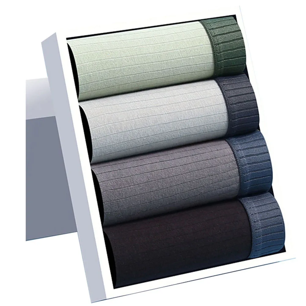 4 Pcs Men Cotton Soft Sexy Lingerie Striped SolidBoxers Stretch Underwear Home Breathable Men's Panties Underpant Men's Clothing