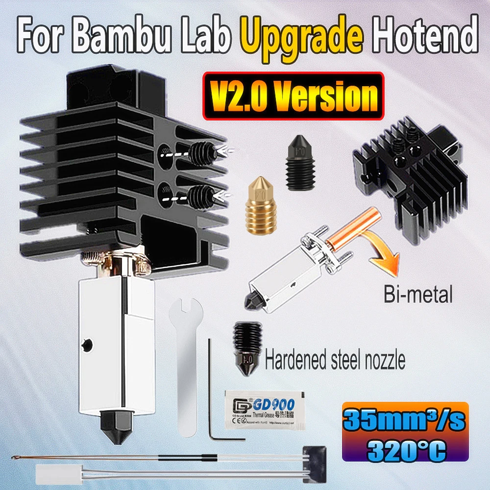 Upgrade V2.0 Hotend For Bambu Lab X1 P1P Nozzle 0.4mm Hardened Steel Bi-metal P1S Hotend Full Kit for Bambulabs X1C 3D Parts