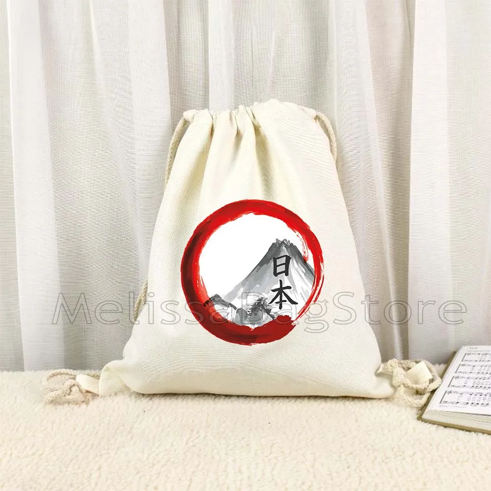 TOKYO Maneki Neko Cute Japanese Lucky Cat Mount Fuji Janpan Style Print Canvas Drawstring Bags Soccer Backpack Gym Yoga Sackpack