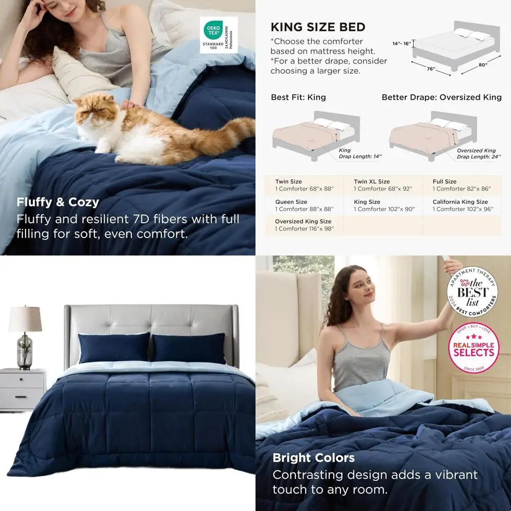 

Пуховое одеяло King Size для всех сезонов, стеганое, с угловыми креплениями, машинная стирка, 102x90 дюймов, темно-синее