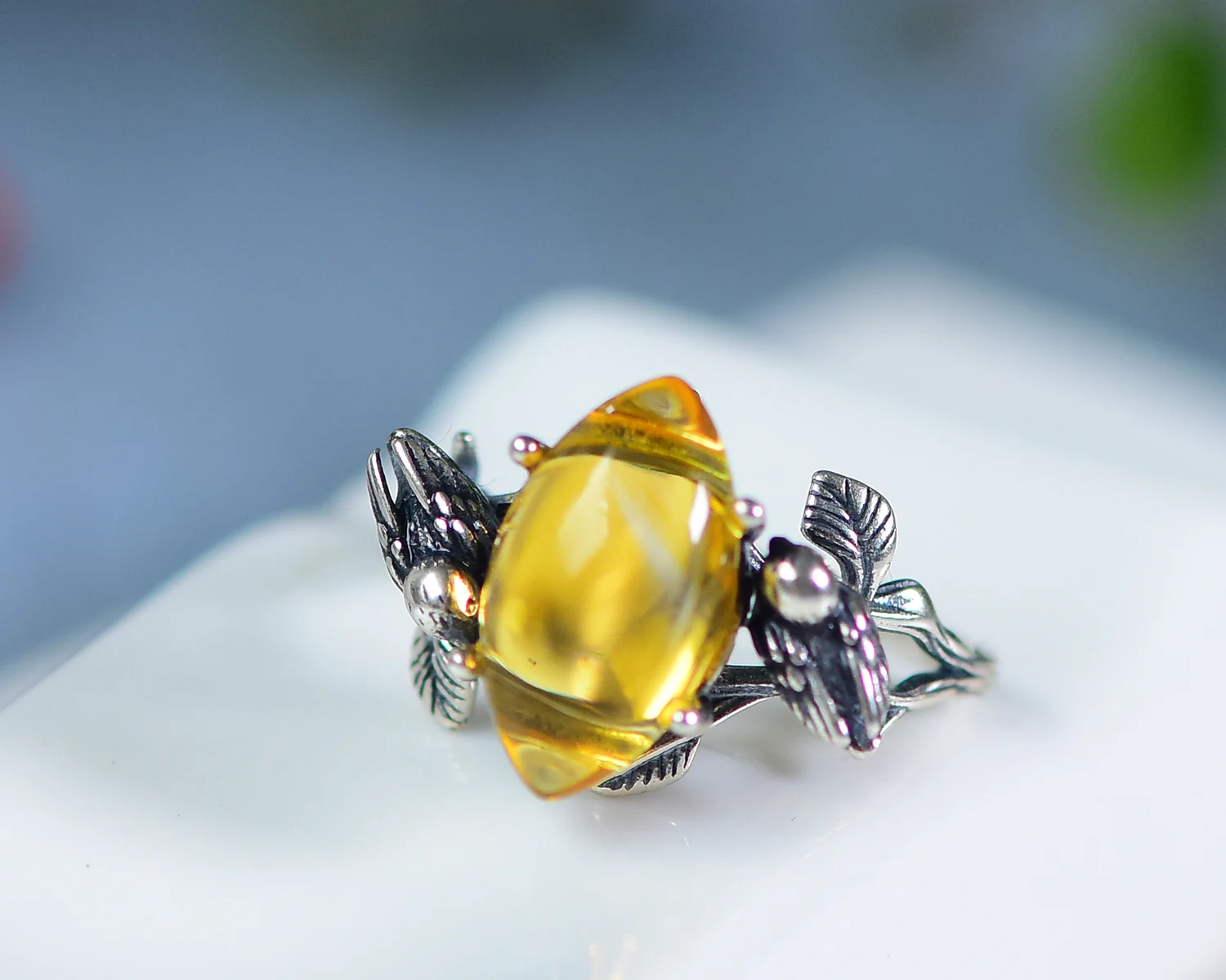 Natural Yellow Citrine Quartz Adjustable Ring 925 Silver Woman Man 15.2*9.2*9mm Clear Bead Wealthy Stone AAAAA
