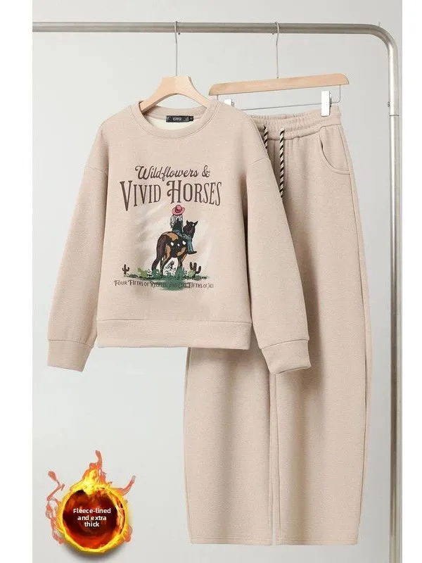 

2026 Winter Faion Women's round Ne Fce Lined Sweatirt And Pants Set Casual Spor Sle High Waist Long Pants