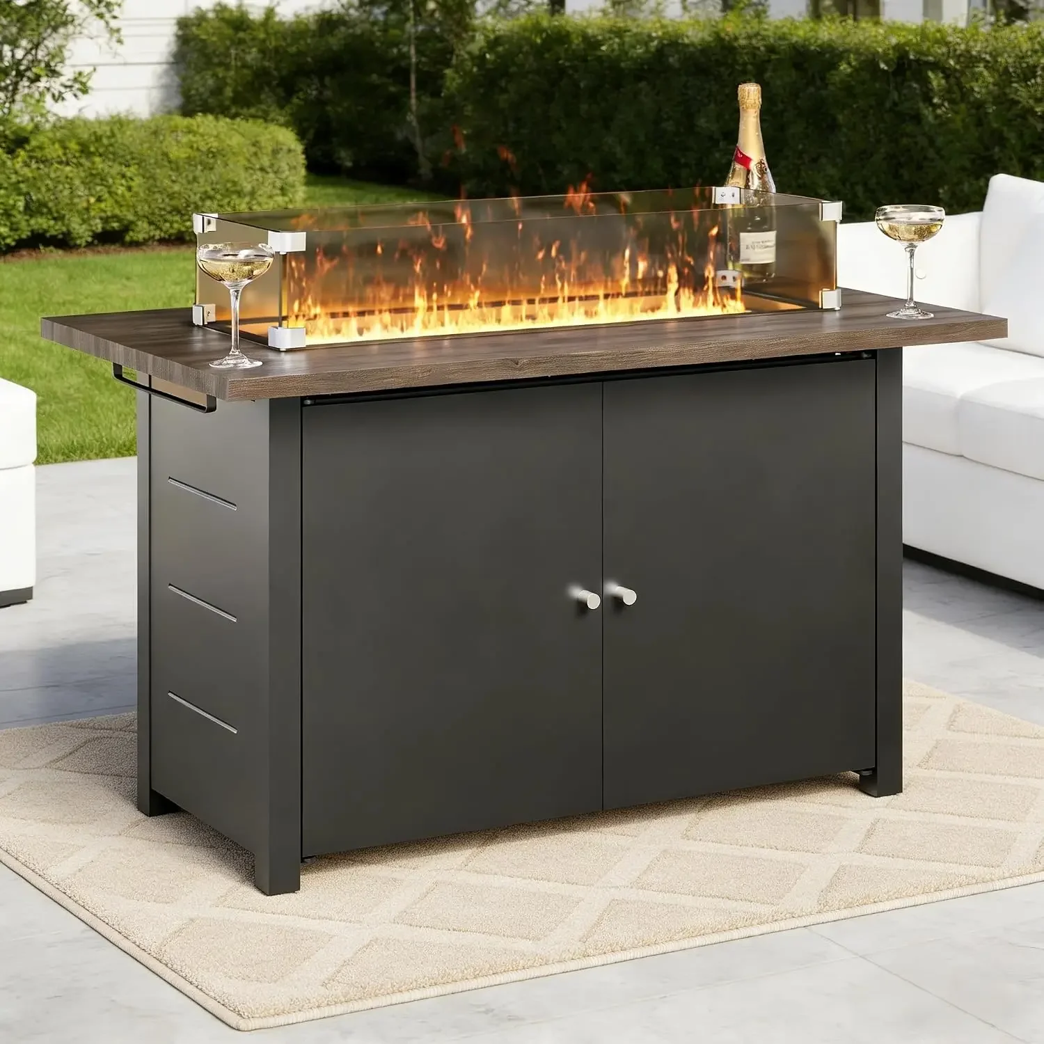 43 Inch Propane Fire Pit, 55000 BTU 2-Tier Storage, Wood Grain Top, Gray Glass Wind Guard for Patio Lawn