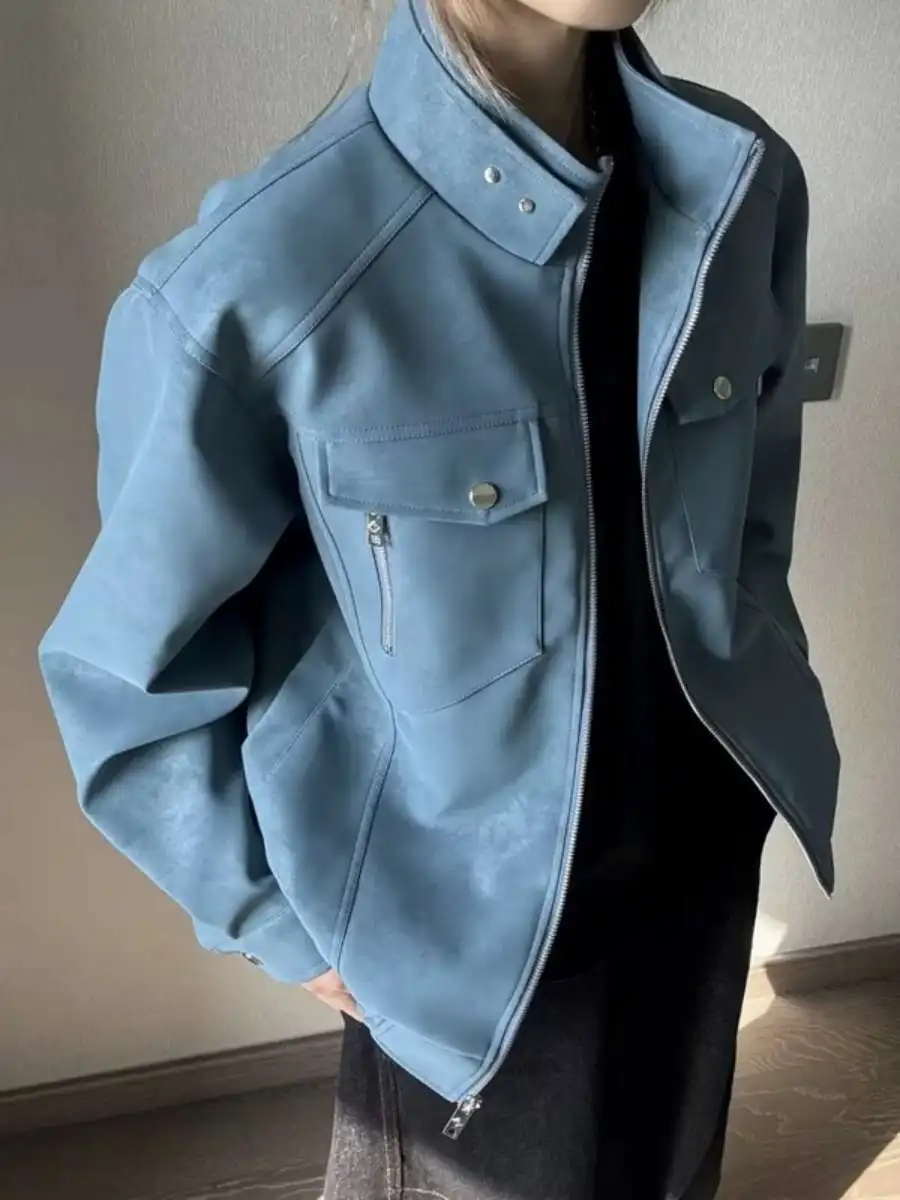 

Мужская куртка из искусственной кожи, новая весенняя модель, синяя, с воротником-стойкой, свободного кроя, универсальная, повседневная верхняя одежда для мужчин на весну-осень