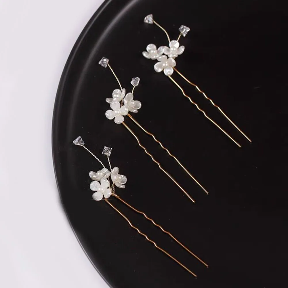 3 Pieces U Shaped Hair Pins Handmade Beaded Flower Hair Piece with Pearl for Bride Bridesmaid Wedding Banquet