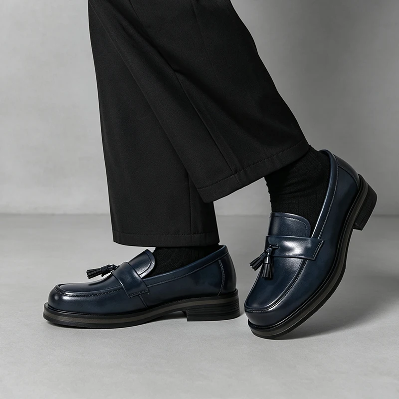 Classic Square Toe Tassel Loafers For Men Thick Sole Slip On Leather Shoes Plus Size 38-46 Non Slip Business Casual Dress Shoes