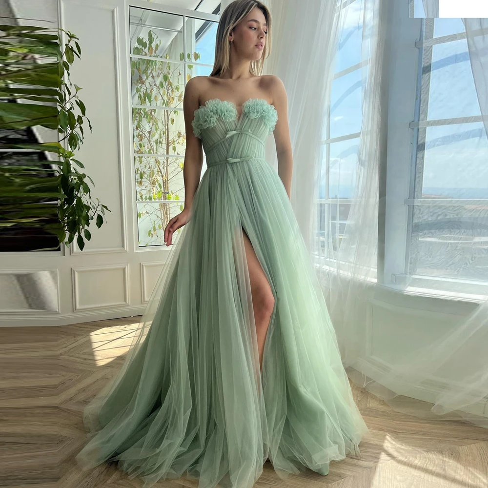 

Unique Mesh Flowers Long Prom Dresses Sexy High Slit Tulle Puffy Women Summer Party Dress Elegant Mesh Puffy Brithday Gowns