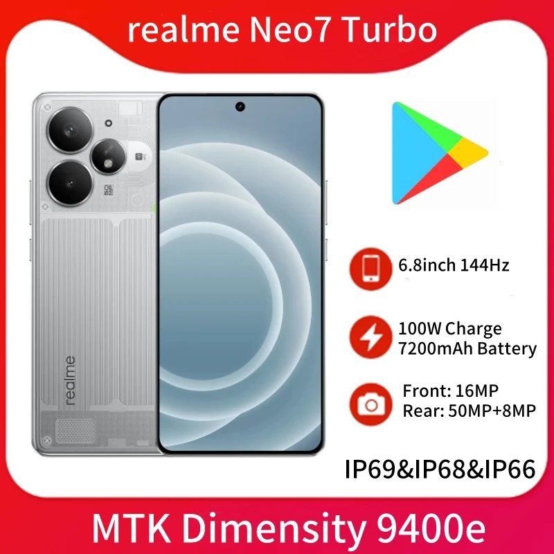 Unlocked realme Neo7 Turbo Dimensity 9400e 7200mAh 100W Supervooc 50MP IMX882 OIS 6.8 Inch 144Hz IP69 IP68 NFC OTA Update