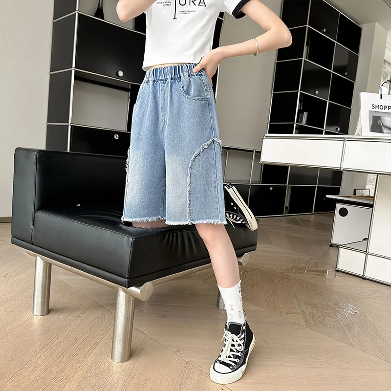 Summer Teenagers Girls Blue Shorts Kids Thin Clothes Loose Denim Quarter Pants Korean Children Casual Short Jeans 4 6 8 10 12 14