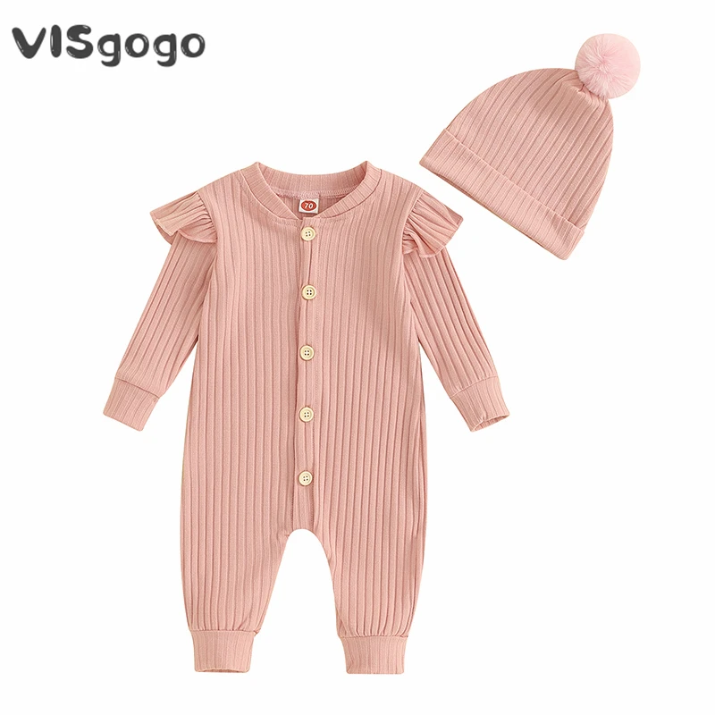 

VISgogo 0-24M Baby Girls Spring Fall Clothes Long Sleeve Crew Neck Knit Rompers Ruffle Button Down Jumpsuit with Hat Outfit