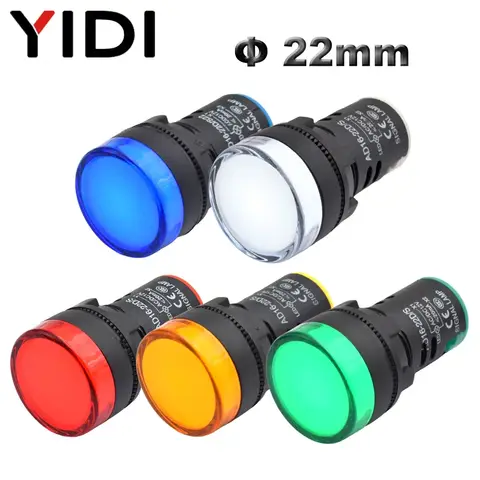 5pcs AD16-22 22mm Plastic Indicator Light 12V 24V 110V 220V LED Panel Pilot Lamps Round Red Green Blue White Yellow Signal Lamp