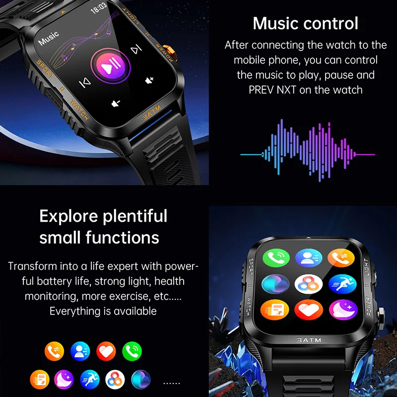 Grade Starke Taschenlampe SmartWatch Männer Herzfrequenz 880 mAh Batterie 3ATM Wasserdichte Drahtlose Anruf Sport Smartwatch Für IOS Android