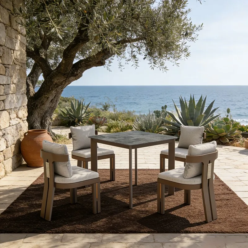 ！@DWOO 4 Seater Aluminum Frame Dining Set with Glass Top Table for Patio Garden and Balcony