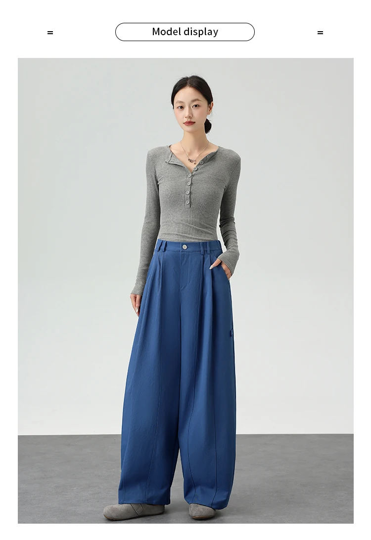 Harajuku Einfarbige Damen-Weitbein-Hose mit Hoher Taille, Übergroße Drapierte Jogginghose mit Elastischem Bund und Taschen für Herbst und Winter – Detail 6