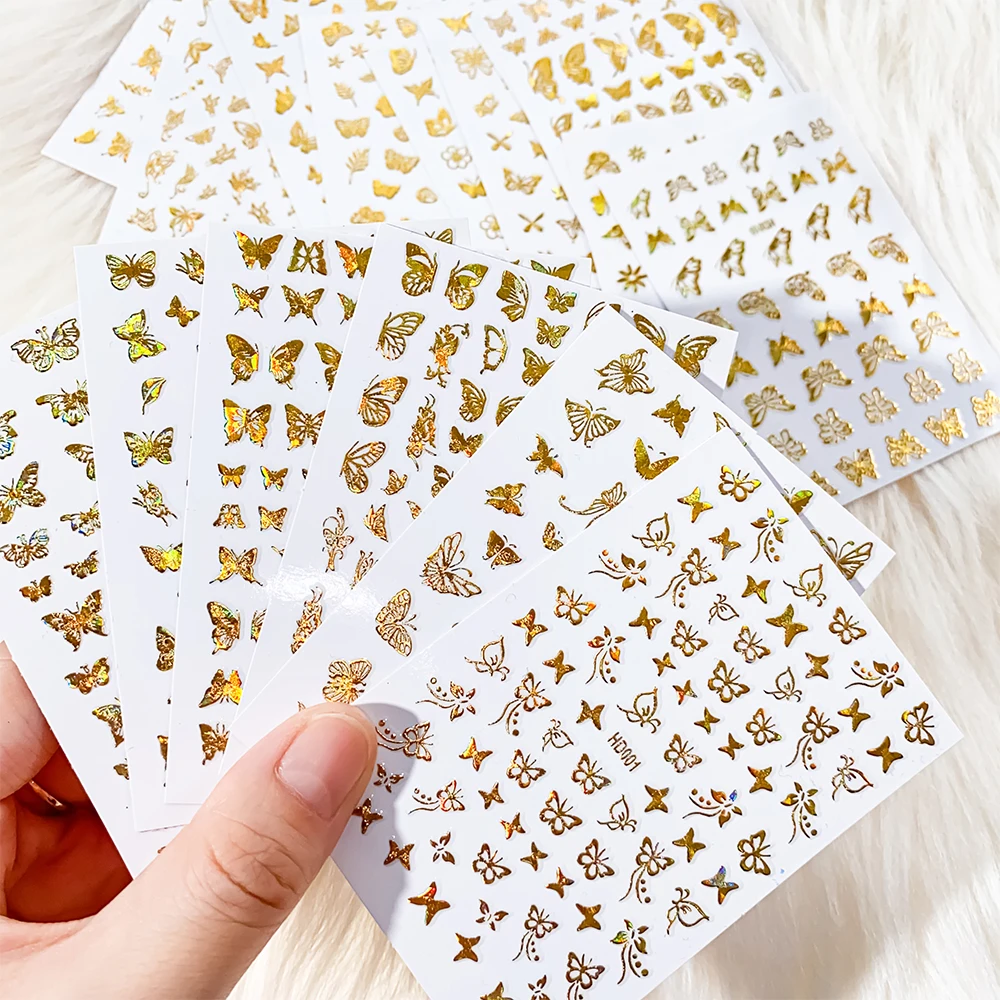 16Pcs/set Colorful Butterfly 3D Nail Sticker Laser Gold Silver Bronzing Butterfly Slider For Nail Tips Beauty Manicure Decals