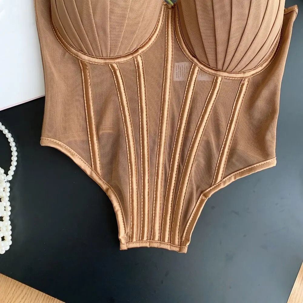 

Elegant Transparent Sling Camisole Sleeveless Fishbone Crop Tops Streetwear Tank Mesh Corset Ladies