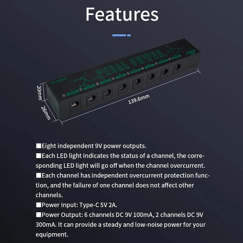 M-vave Guitar Effect Pedal Power Supply 8 Isolated DC Outputs/ 5V USB Output for 9V Protection Guitar Accessories