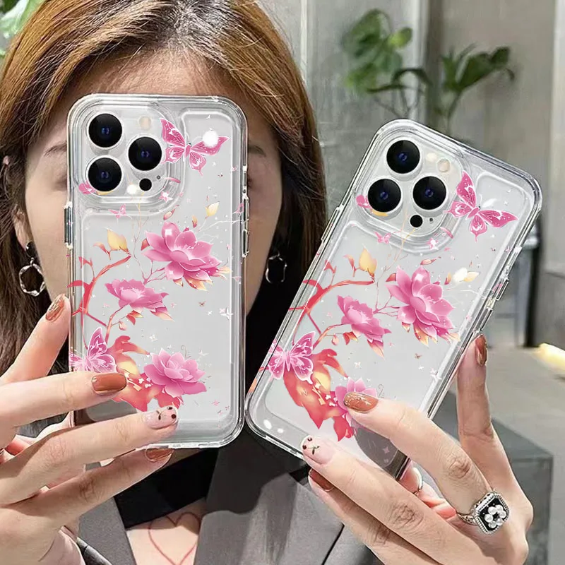 Roze en Paars Lotus Patroon Clear Telefoon Case Voor Xiaomi Redmi Note 14 Pro Plus 13 12S 12 11 10 14C 13C 12C Zachte Siliconen Cover