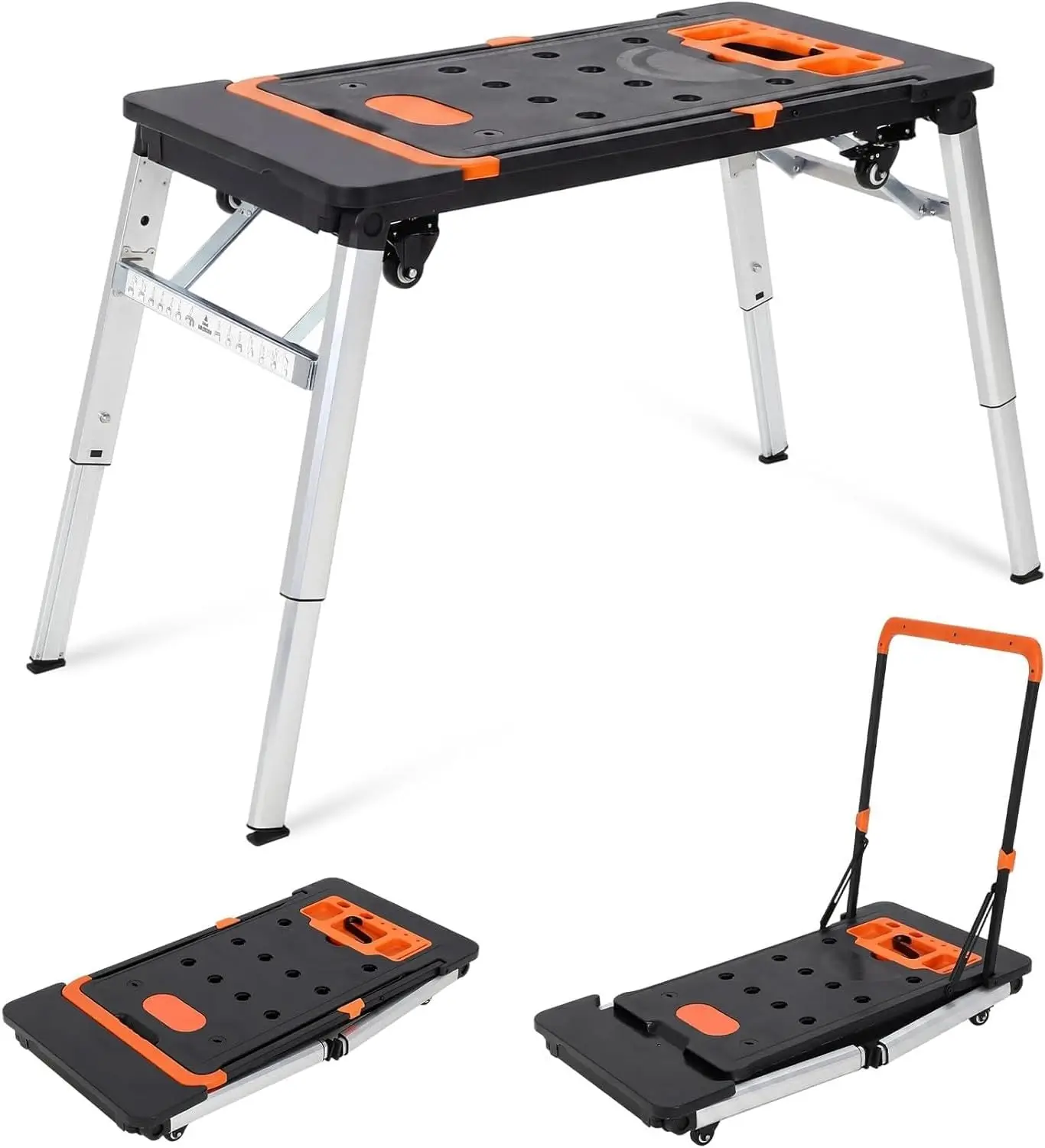 Portable Folding Workbench 7 In 1 Sawhorse Scaffold Platform Creeper Dolly Hand Truck Adjustable Heights Braked Wheels