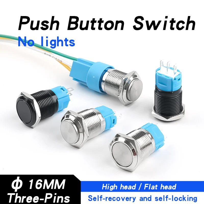 16mm Metal Push-Button Switch with Silver and Black Casing, Self-Locking and Self-Resetting, Without Light, High Head Flat Head