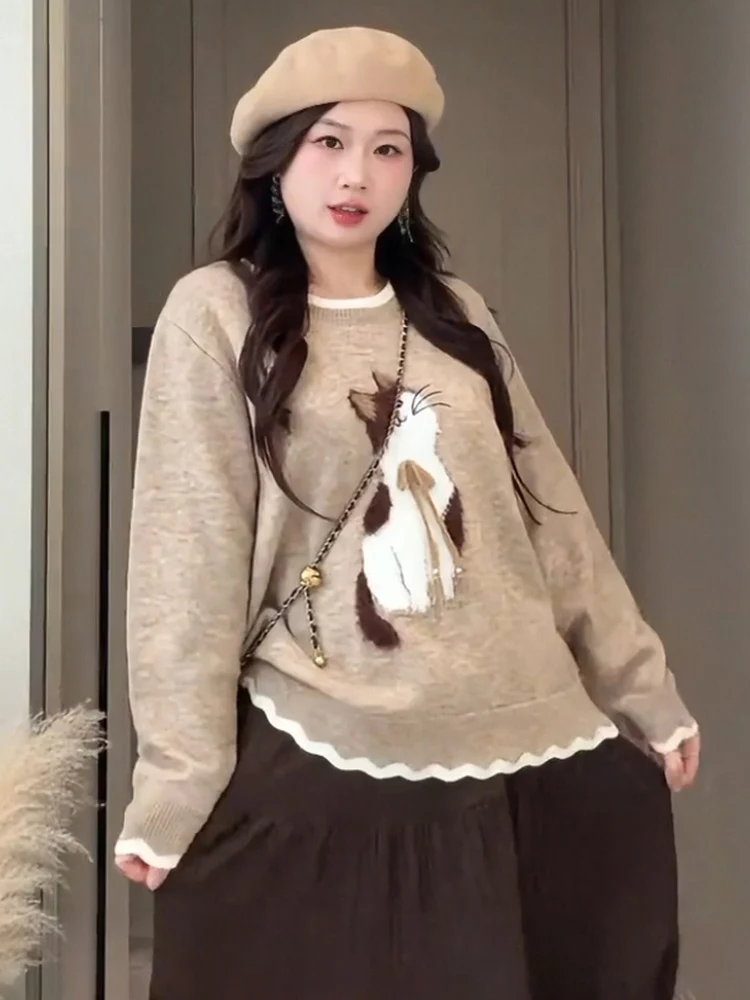 

Женский круглый трикотаж с героями мультфильмов больших размеров, свободный крой, осень-зима, модный корейский теплый топ, повседневная уличная одежда