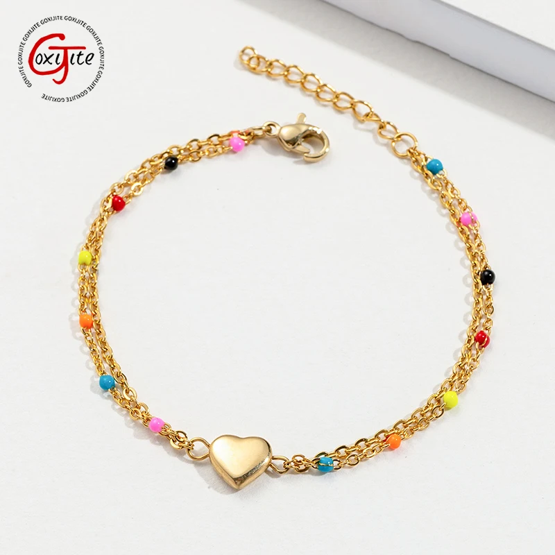 Goxijite Charming Bracelet For Women Girls Stainless Steel Double Layer Chain Love Heart Bracelets Blessing Jewelry Gift