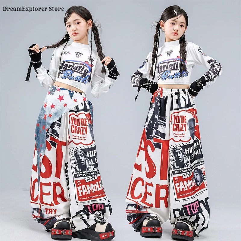 Girls Hip Hop Letters Crop Top Graffiti Joggers Pants Kids K-pop Street Dance Clothes Set Children Girl Group Streetwear Costume