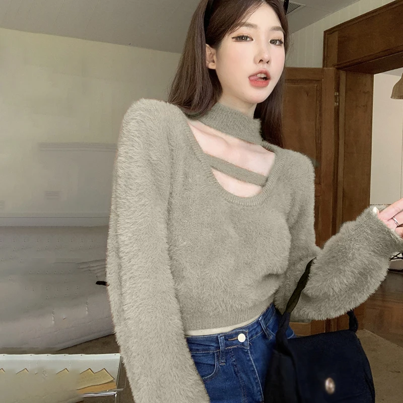 Women's Pullover Keep Warm Feel Imitation Mink fur Sweet Short Style Fashion Plush Sweater Clothing