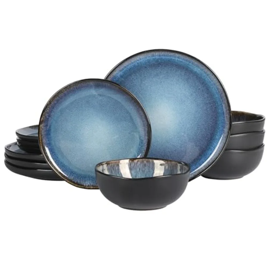 

Nardini 12 Piece Service for 4 Plates and Bowls Reactive Glaze Dishes Stoneware Ceramic Dinnerware Set - Black and Blue