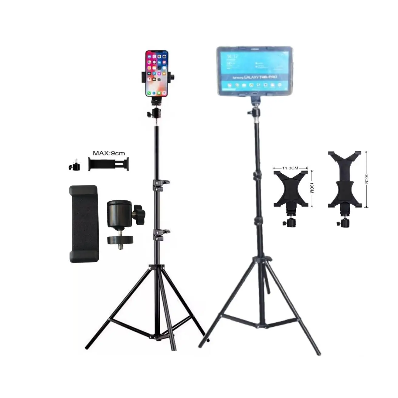 FGNS Soporte Trípode para Tableta, Trípode Soporte con Clip de teléfono móvil, Trípode Ajustable de 67-210 cm,  Soporte Trípode Ajustable Máx Altura 2.1M Viene con dos clips para teléfono móvil de 4”