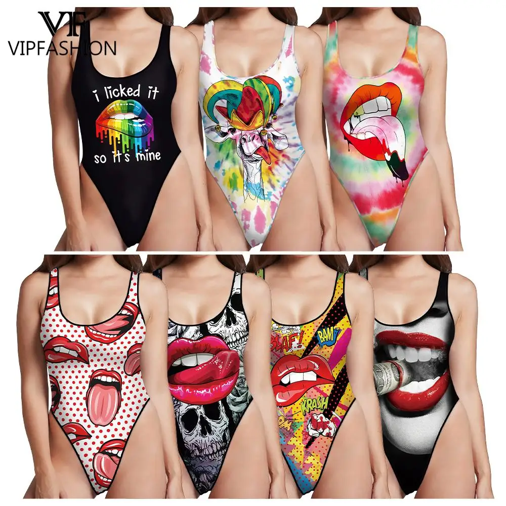 VIP FASHION Women Lip Print Swimsuits Sexy Tank Top Bodysuit Sleeveless Fitness Zentai One Piece Suit Backless Swimwear Clothing