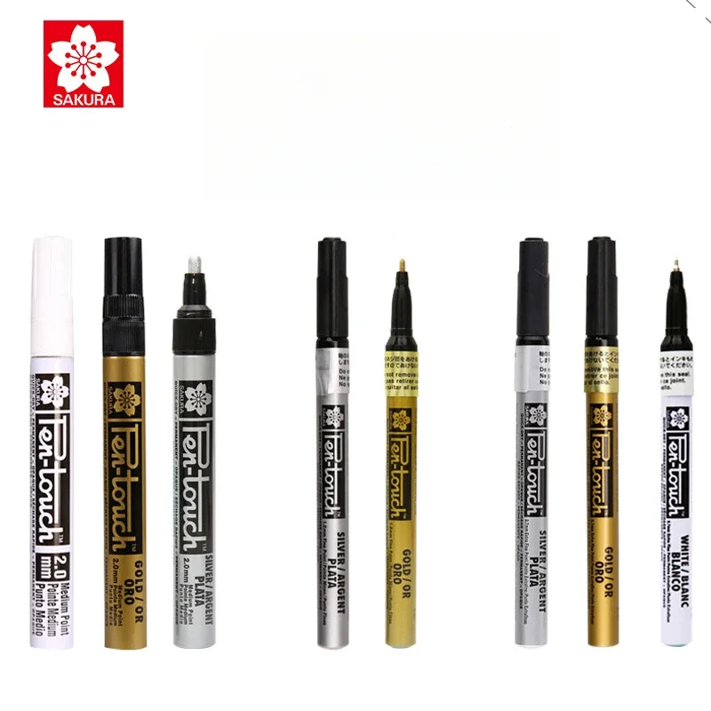 SAKURA Pen-Touch Paint Pen Touch-up Pen 0.7mm 1.0mm 2.0mm Gold Silver White Copper Waterproof Marker Pen  Metal Oily Pen Wax