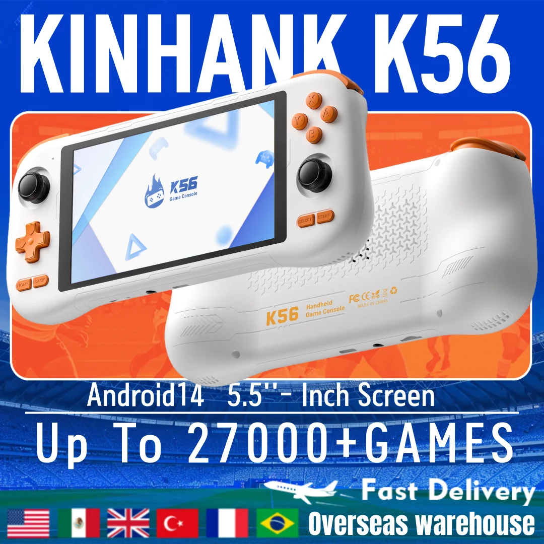 KINHANK K56 Handheld Game Console 5.5'' Touch Screen 50 Emulators for Android 14 PS1/PSP/DC/SS 5000mAh WIFI5 Retro Game Player