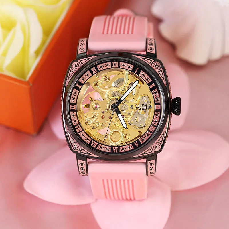

Men's Pink Tape Casual Fashion Style Carved Roman Digital Display Automatic Mechanical Watch
