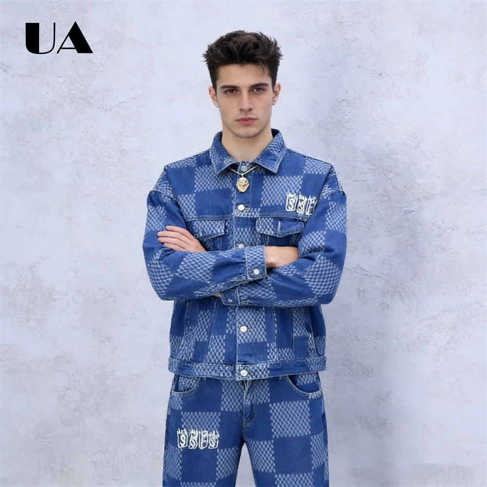 Men's Denim 2-Piece Set: Oversized Checkered Jacket & Wide-Leg Pants with Embossed Lettering, Retro Blue Plaid Pattern