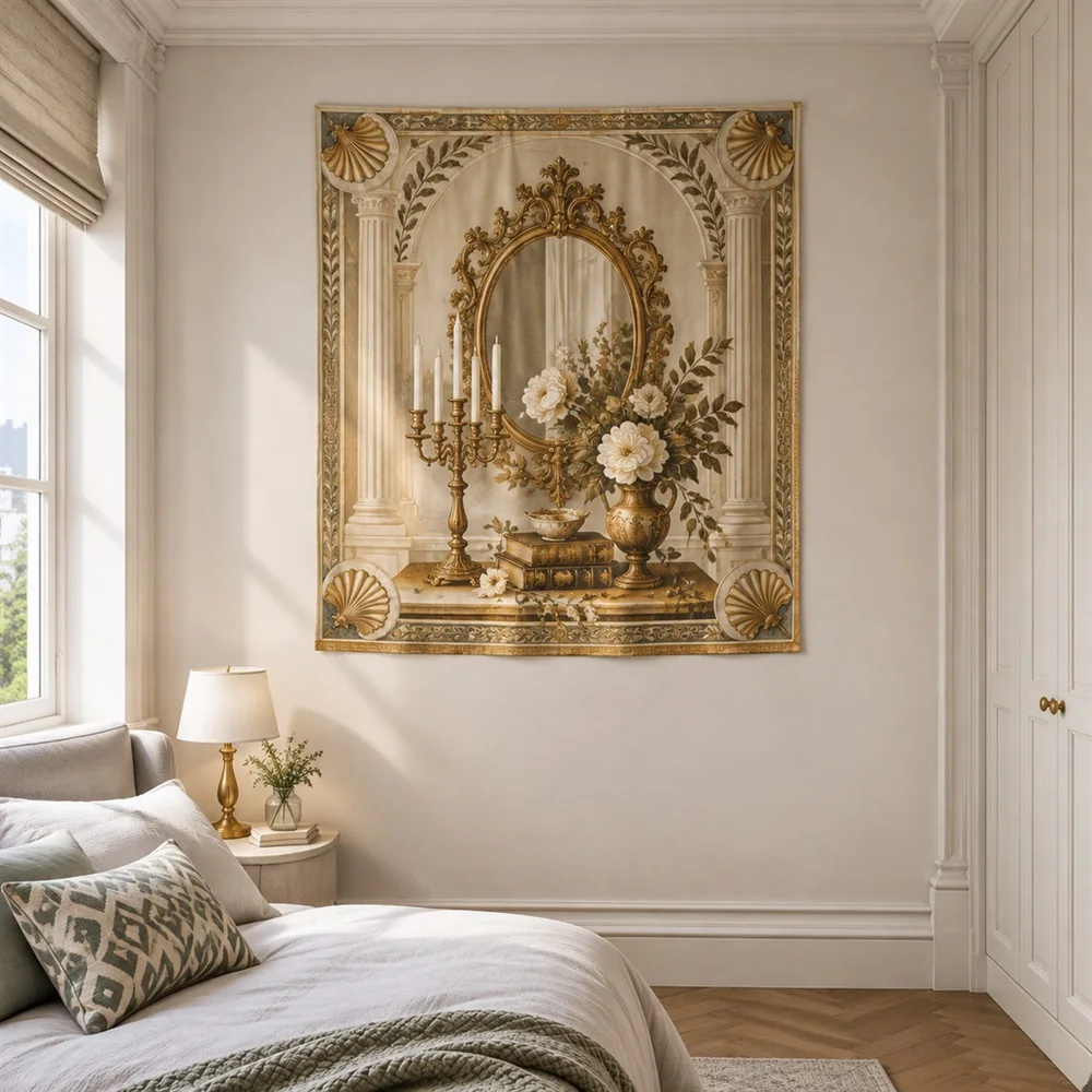 VIKAMA Candle and Mirror Still Life Center Panel Tapestry Wall Hanging, Neoclassical Wall Art Tapestries for Bedroom Living Room